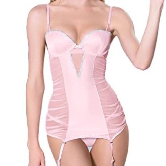 36C 36D  Vs Victoria’s Secret rhinestones/Crystals Pink Satin Corset garter Slip - Picture 2 of 14